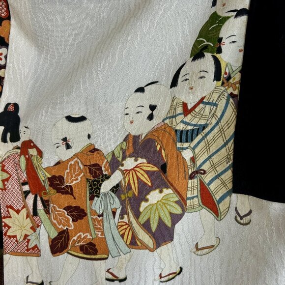 Japanese Vintage 100% Silk Haori Kimono Jacket Robe Children Playing in a Line - Picture 14 of 16